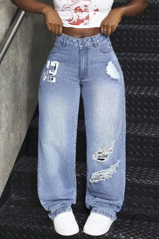 Ripped baggy light-wash match denim long jeans