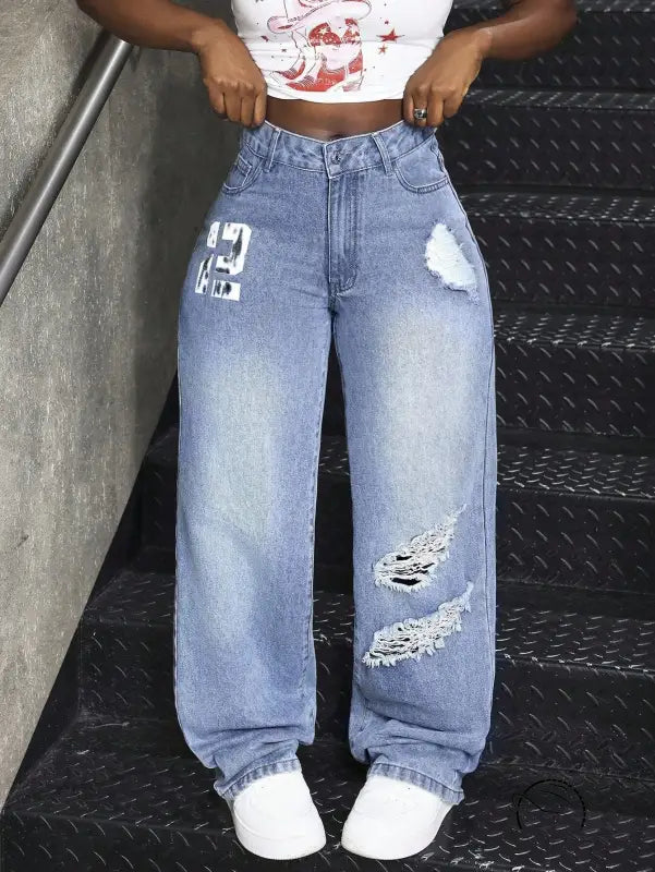 Ripped baggy light-wash match denim long jeans