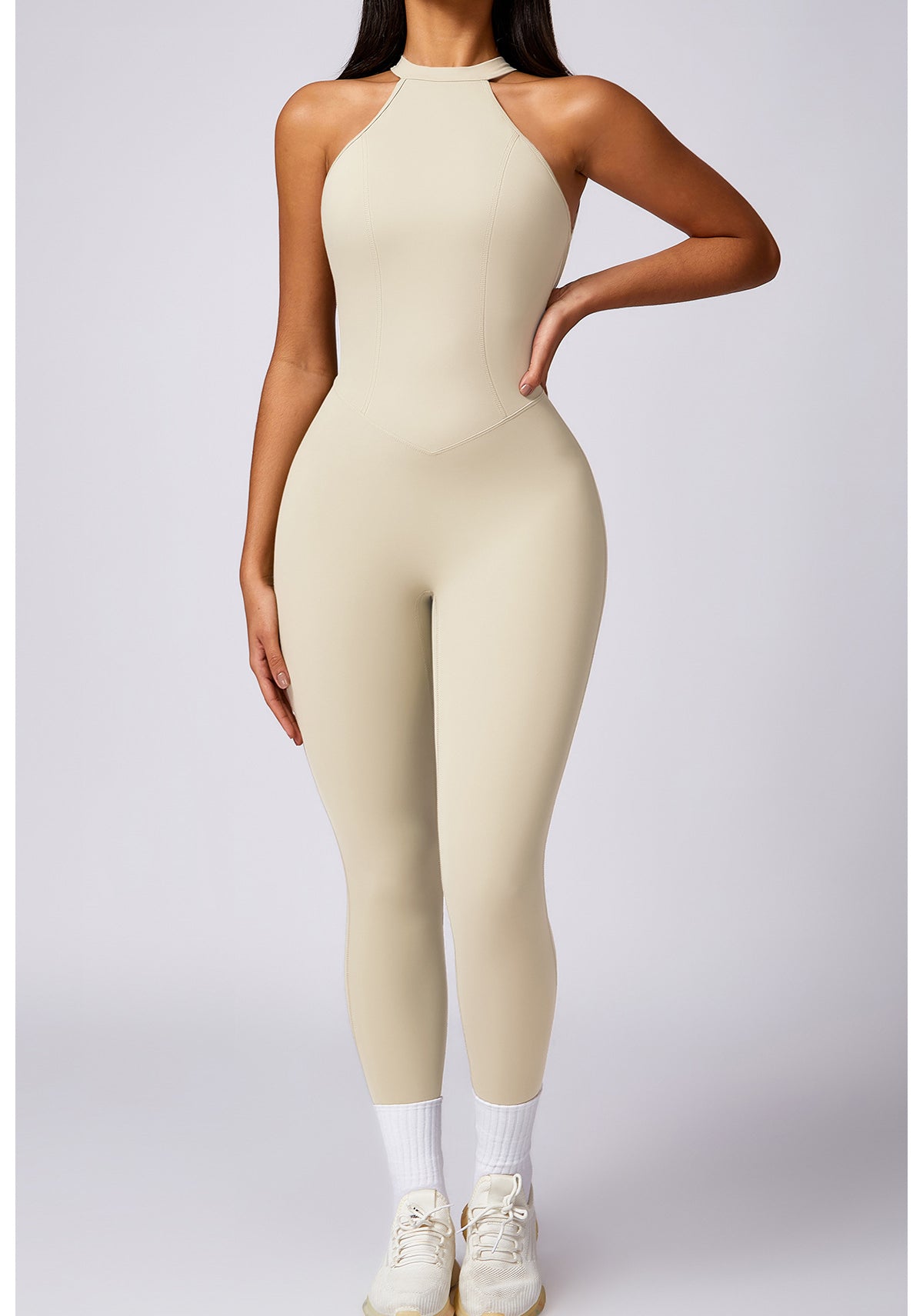 Langry cream halter-neck yoga jumpsuit for fashion ملابس