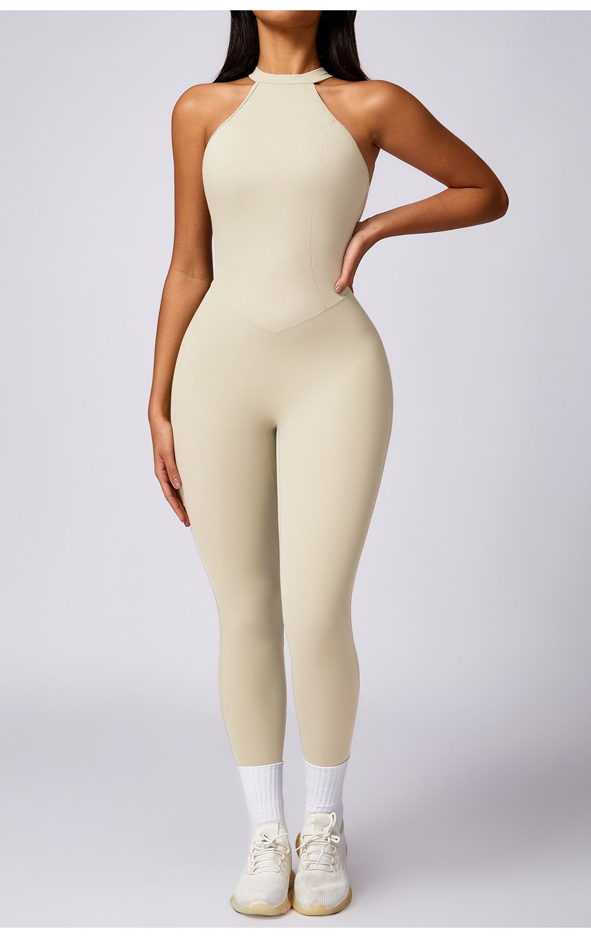 Langry cream halter-neck yoga jumpsuit for fashion ملابس