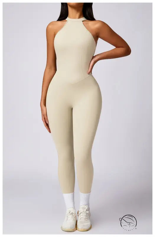 Langry cream halter-neck yoga jumpsuit for hip raise, seamless fashion ملابس