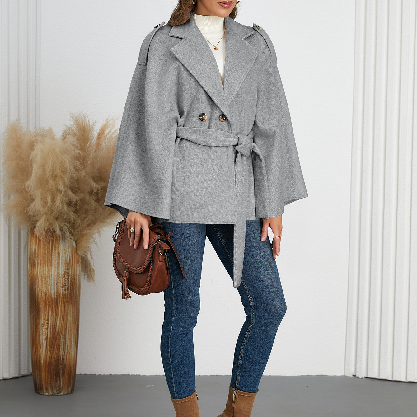 Gray belted cape coat from Langry, perfect for winter fashion and ملابس styles