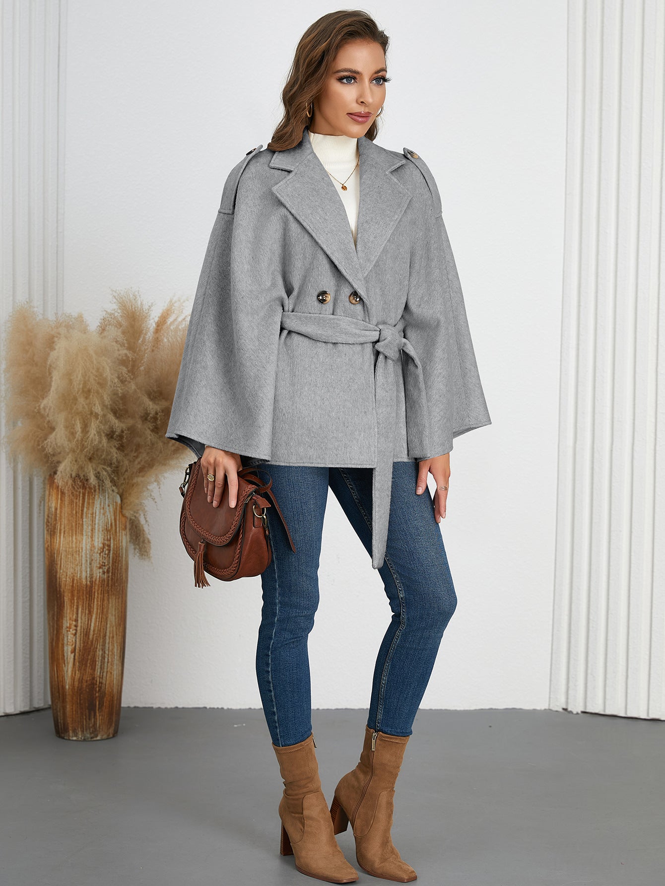 Gray belted cape coat from Langry, perfect for winter fashion and ملابس styles