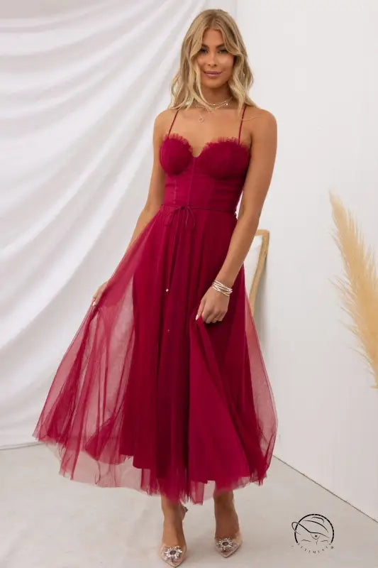 Elegant burgundy tulle midi sexy sling dress in lavender purple