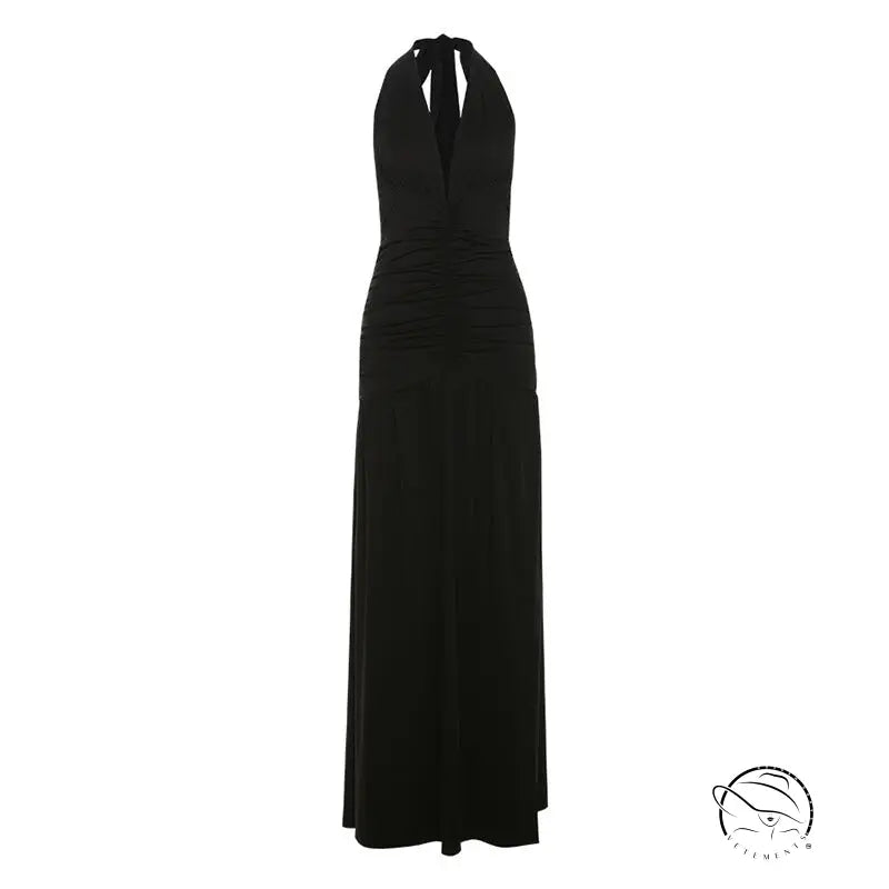 Elegant black halter maxi dress with slit pleated backless fashion