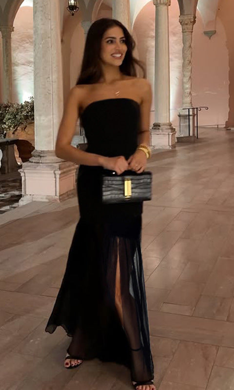 Elegant black strapless gown showcasing the Enchanting Mesh Split Dress fashion piece