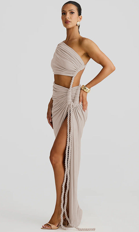 One-shoulder beige dress with rope detail, a stunning fashion piece for ملابس choices