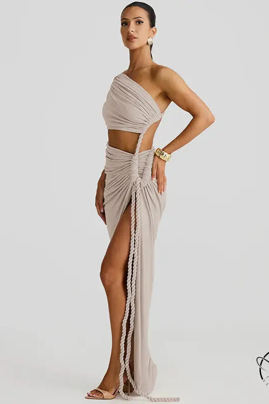 Stunning cutout lace pleated dress with one-shoulder beige rope detail