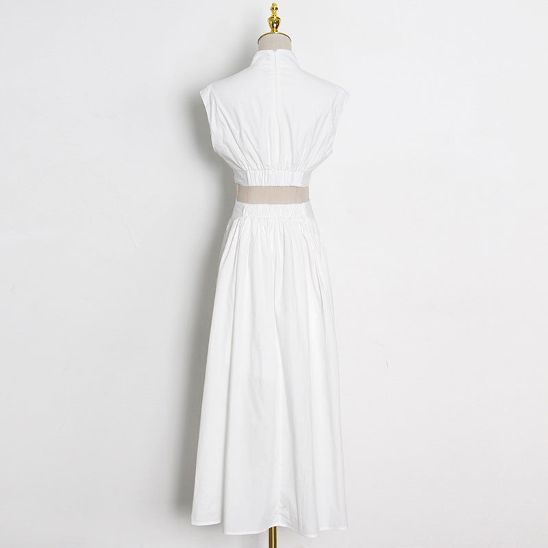 White sleeveless vacation dress with stand collar and slimming design