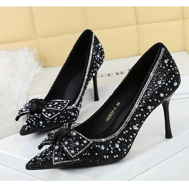 Elegant black Langry fashion stiletto pumps with rhinestone bowknot