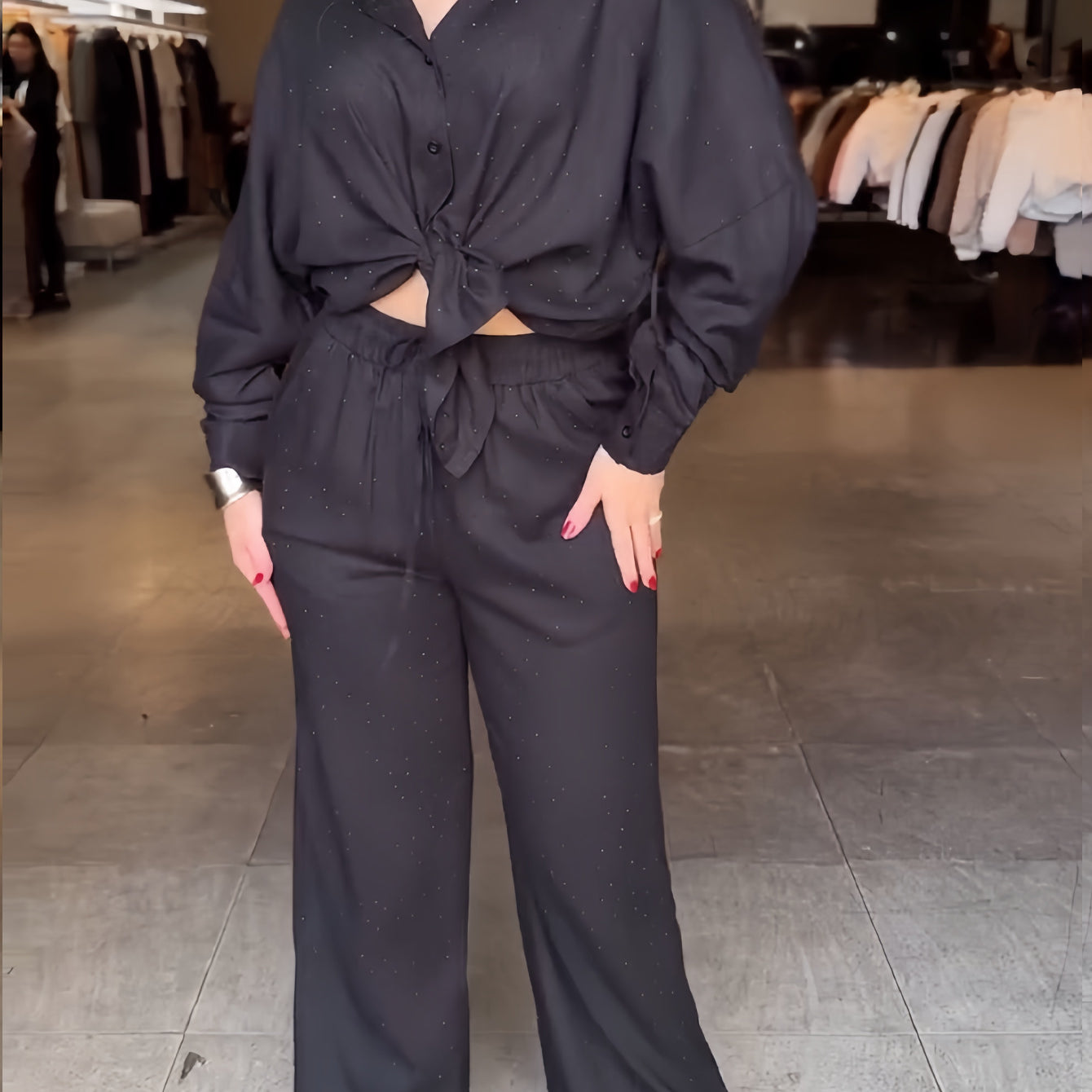 Starry Shirt Top Drawstring Wide Leg Pants Two Piece Sets