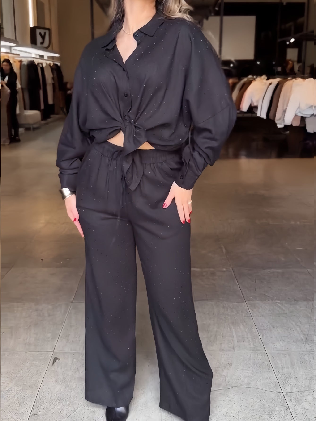 Starry Shirt Top Drawstring Wide Leg Pants Two Piece Sets