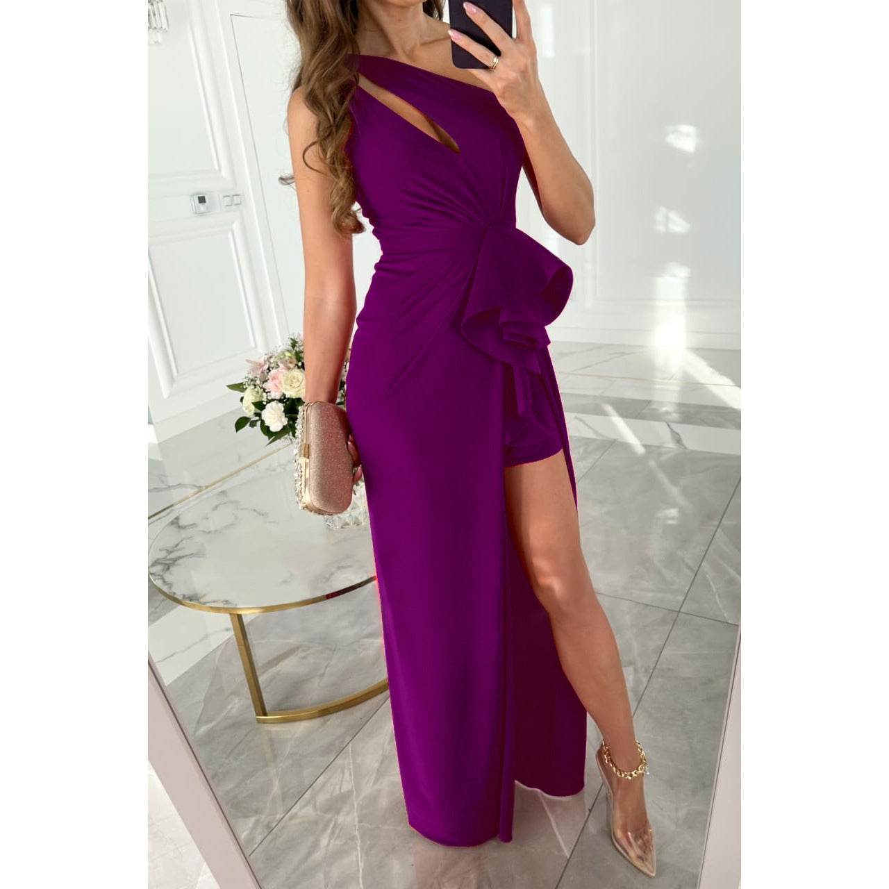 Purple one-shoulder jumpsuit with skirt overlay from the beautiful multi color dress collection