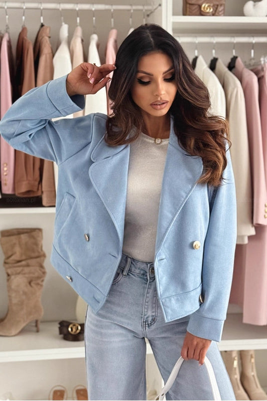 Langry fashion slim collared suede short coat in light blue with pearl buttons and denim pants