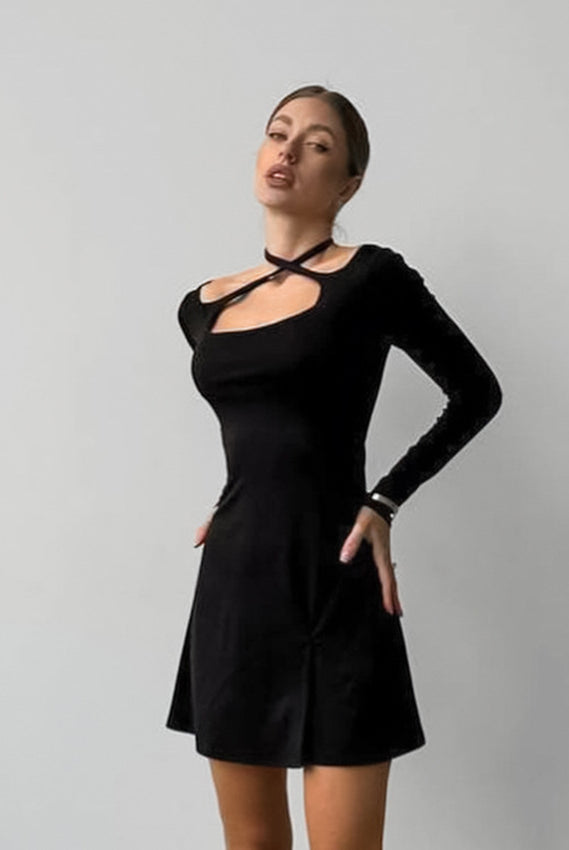 Black Elegant Knitted Dress featuring a cutout neckline and choker detail for stylish fashion