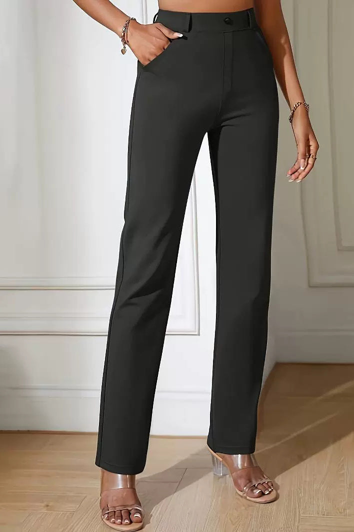 Black straight-leg dress pants with side pockets for casual office fashion