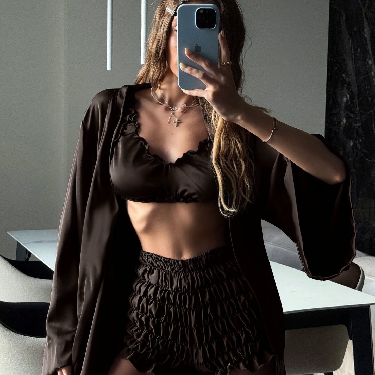 Pleated satin black lace bralette and shorts set by Langry fashion