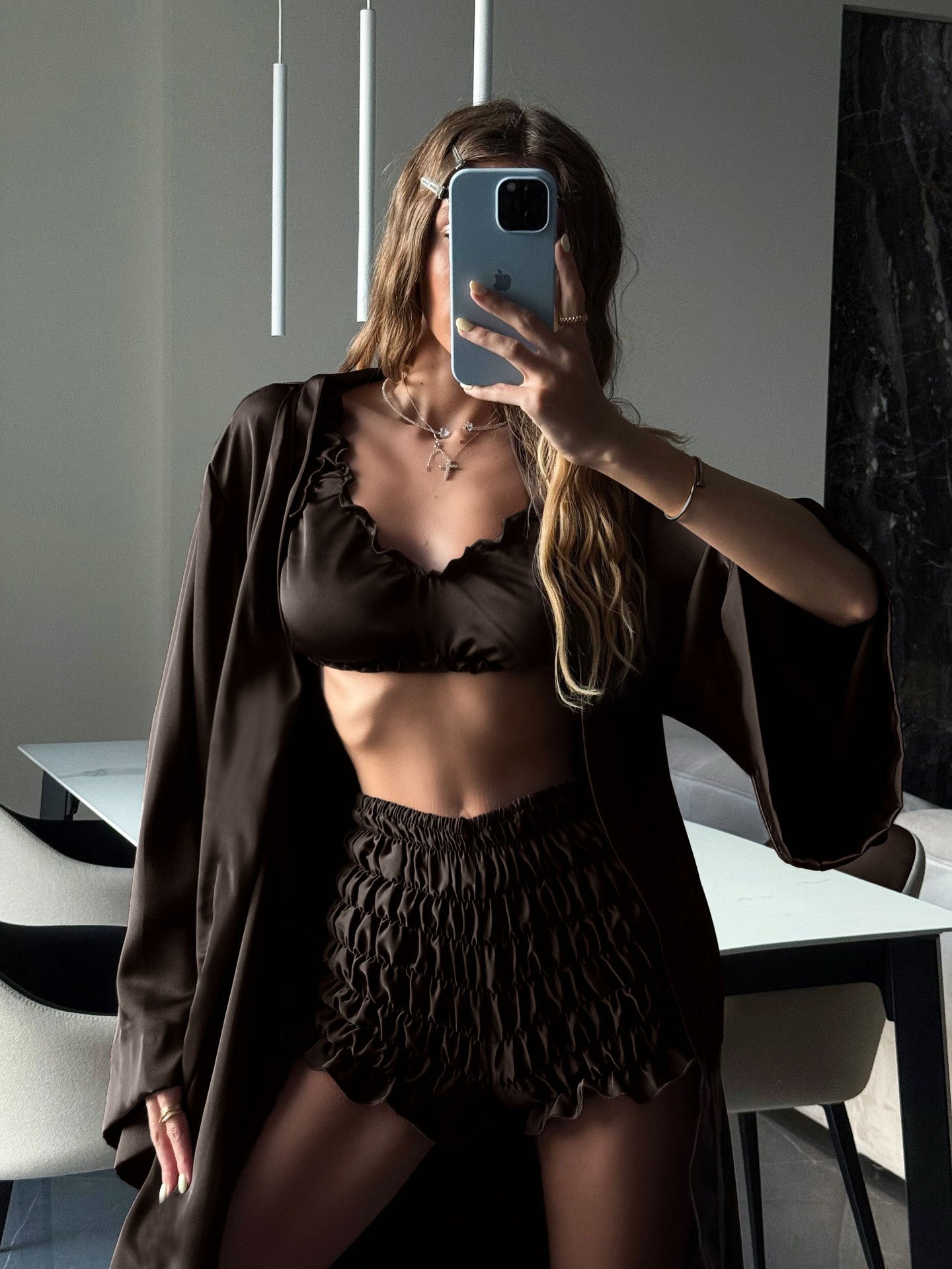 Pleated satin black lace bralette and shorts set by Langry fashion