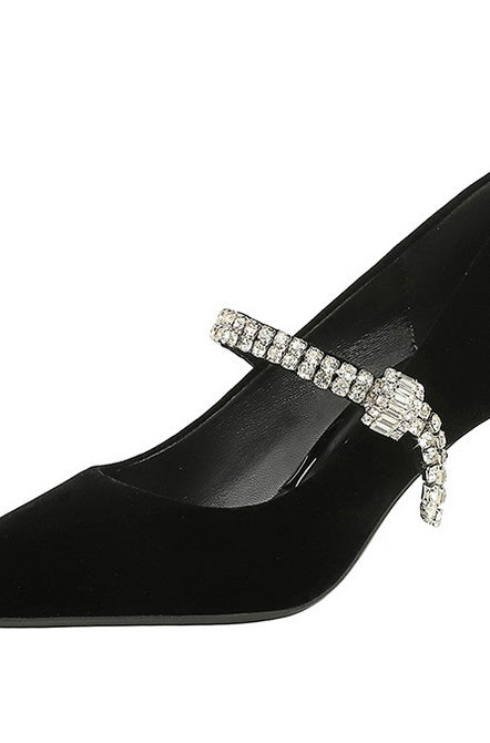Langry black velvet Mary Jane heels with rhinestone straps for fashion