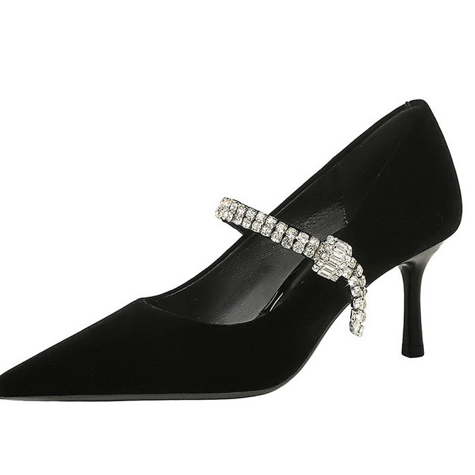 Langry black velvet Mary Jane heels with rhinestone straps for fashion