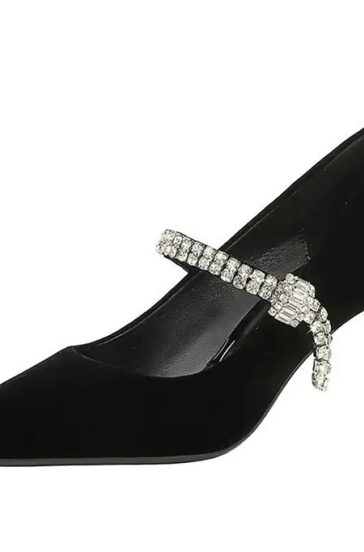 Langry black velvet mary jane heels with rhinestone straps and stiletto heel
