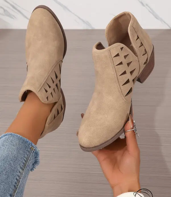 Beige suede daily ankle boots with cutout sides and low heels