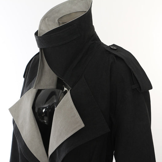 Langry fashion casual trench coat: black and white, high collar, double-breasted
