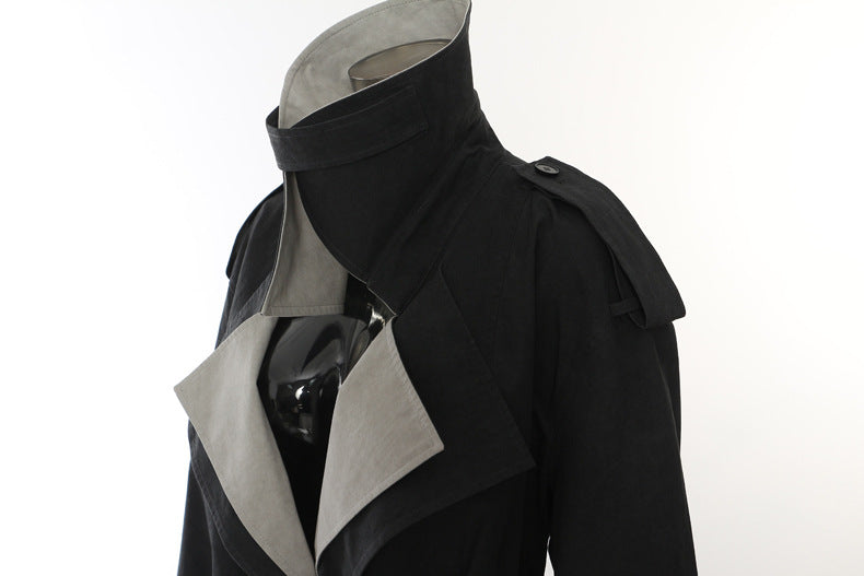 Langry fashion casual trench coat: black and white, high collar, double-breasted