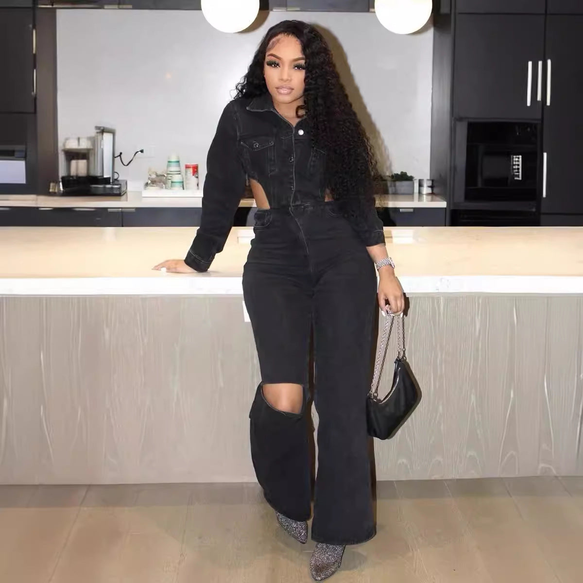 Casual Hollow out Cutout out Denim Jumpsuit