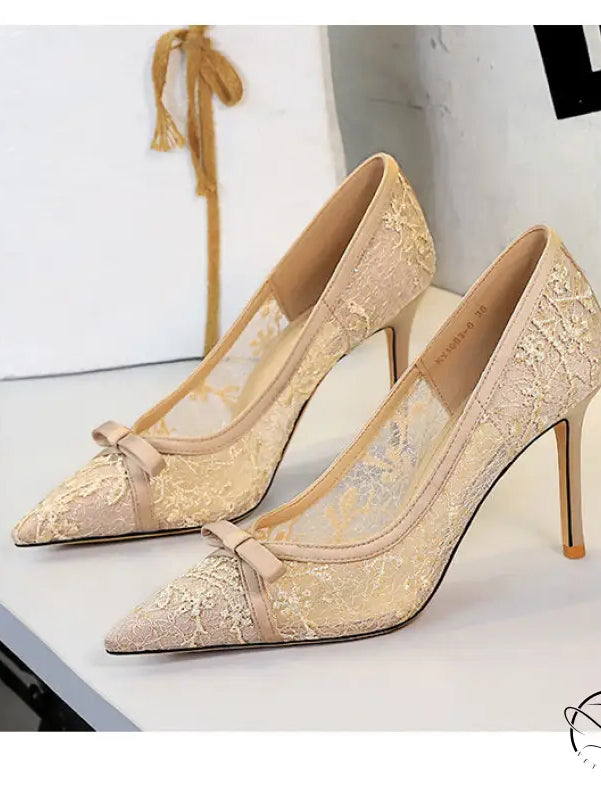 Cocktail High Heel Women Shoes Bow Sequined Lace Mesh Pointed Shallow Mouth Stiletto