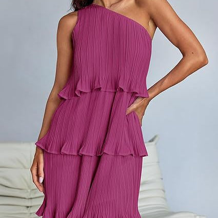 Stunning shoulder magenta layered stitching sleeveless tiered dress for elegant occasions