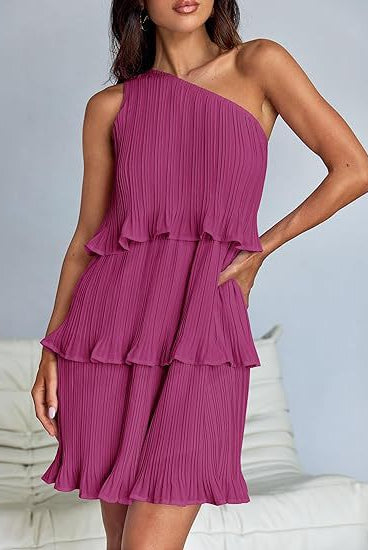Stunning shoulder magenta layered stitching sleeveless tiered dress for elegant occasions
