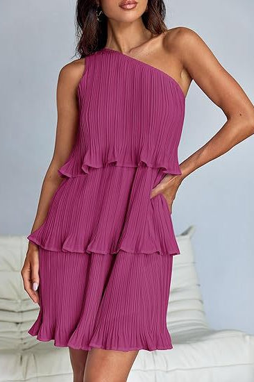 Stunning shoulder magenta layered stitching sleeveless tiered dress for elegant occasions