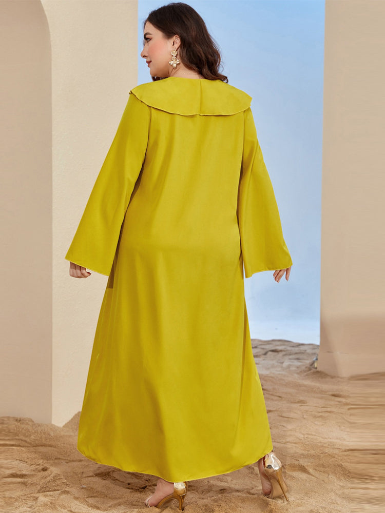 Langry mustard yellow plus size embroidered abaya with bell sleeves