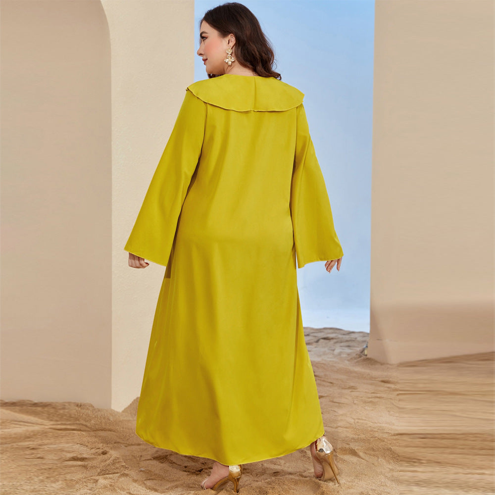 Langry mustard yellow plus size embroidered abaya with bell sleeves