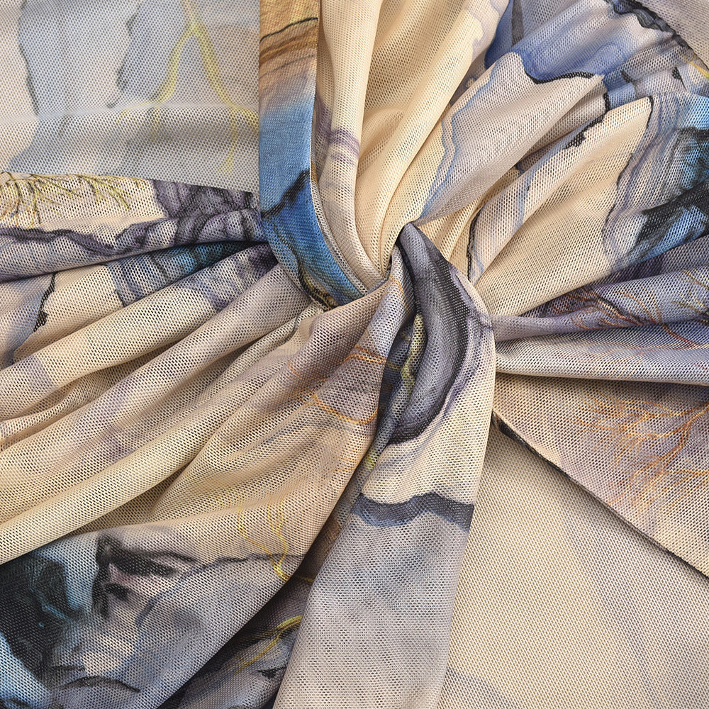 Women Clothing Summer Mesh Floral Print Cropped Halter Split Dress in semi-sheer fabric