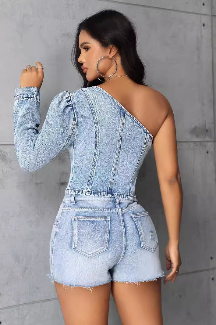 Women slim denim light wash one-shoulder top with matching shorts for a stylish look