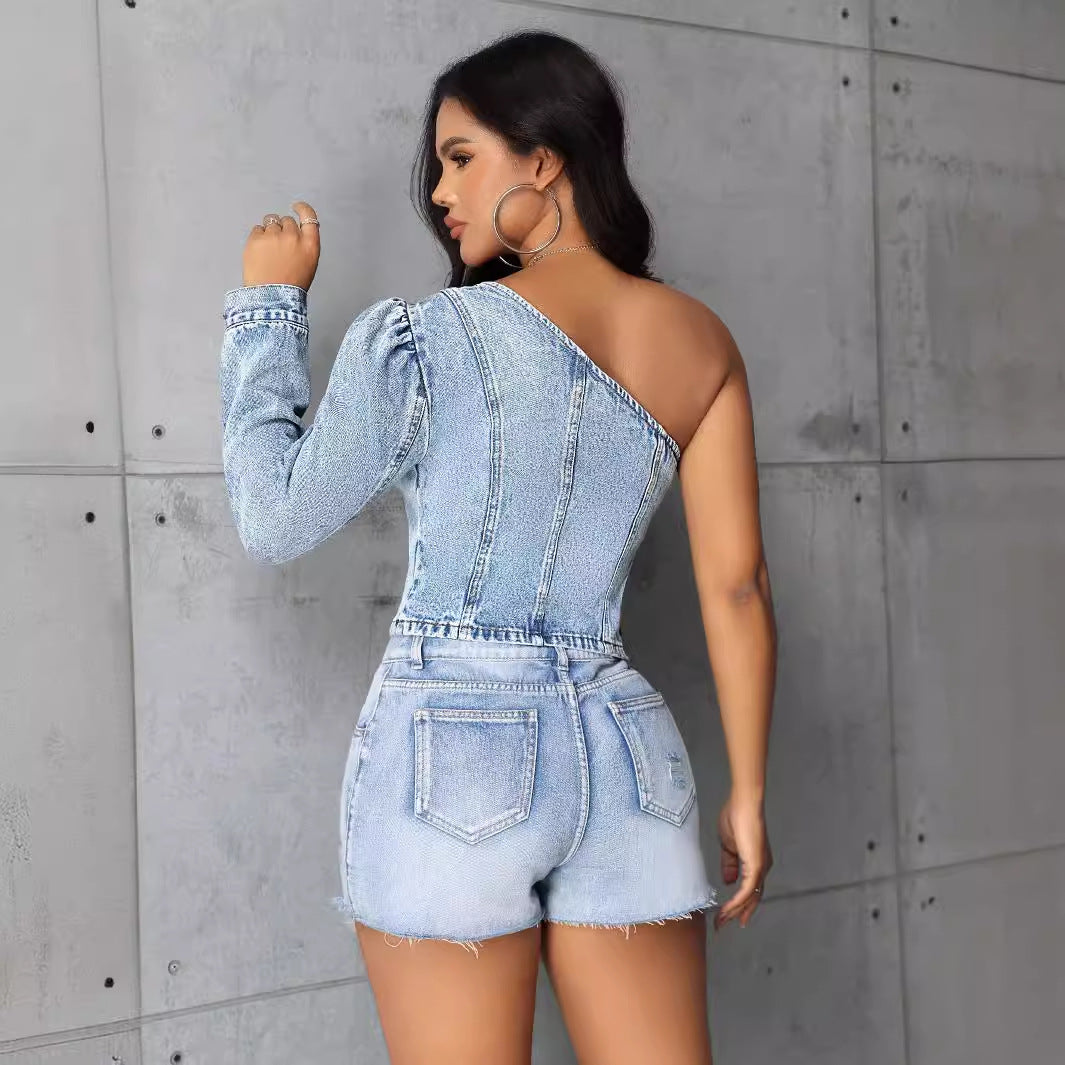 Women slim denim light wash one-shoulder top with matching shorts for a stylish look