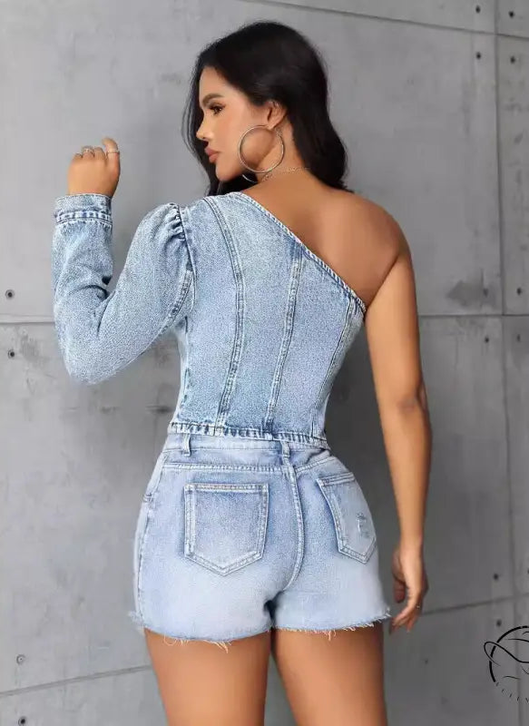 Women slim denim one-shoulder top with matching shorts