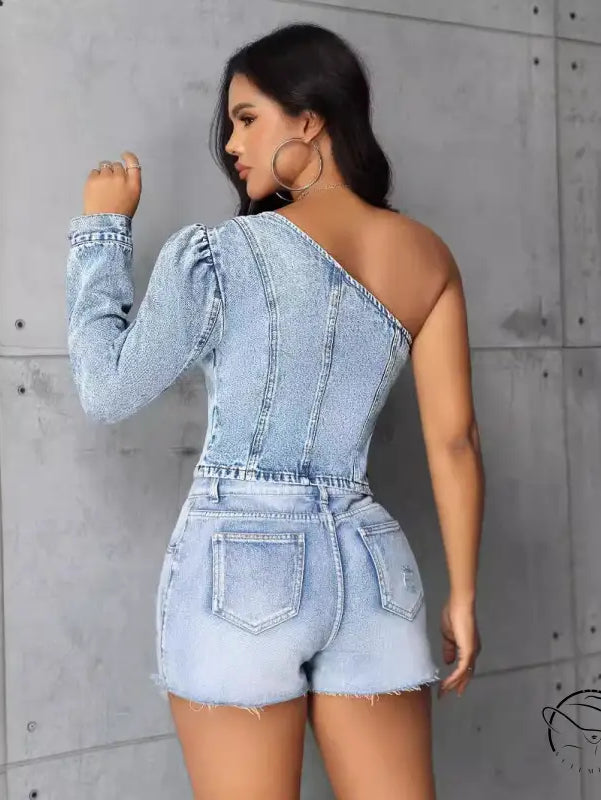 Women slim denim one-shoulder top with matching shorts