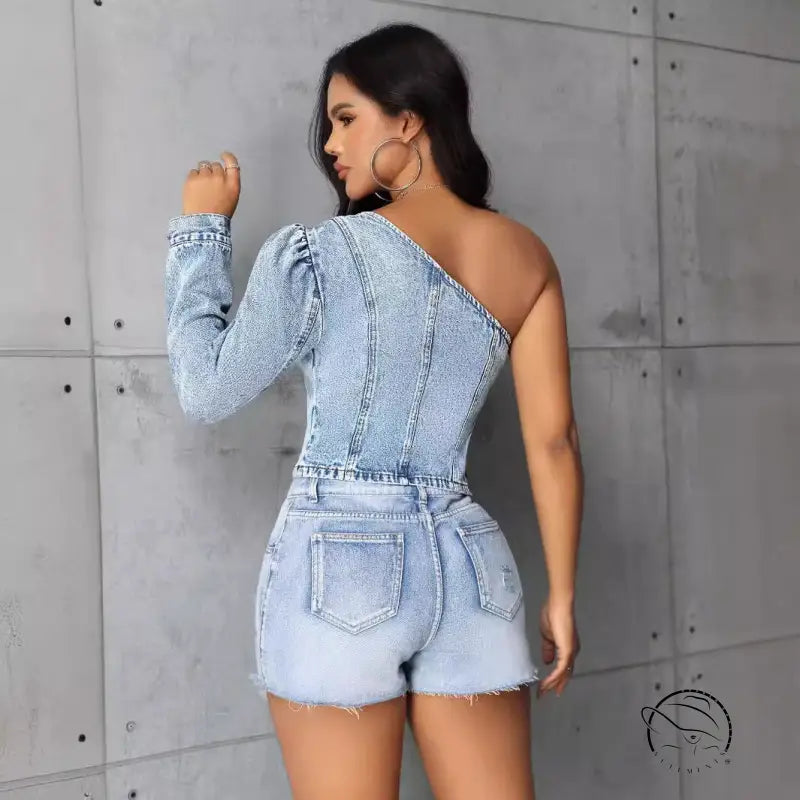 Women slim denim one-shoulder top with matching shorts