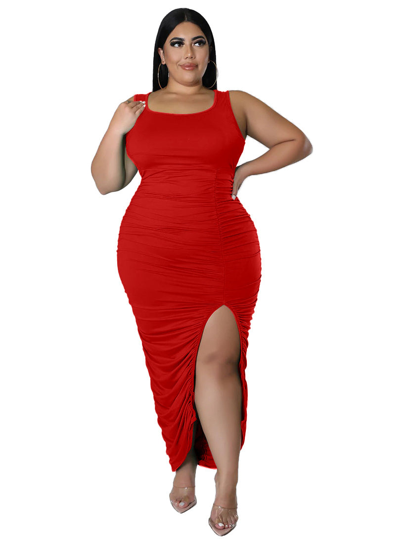 Red sleeveless ruched split dress from Summer Slim Fit Fold Split Dress, a chic fashion choice
