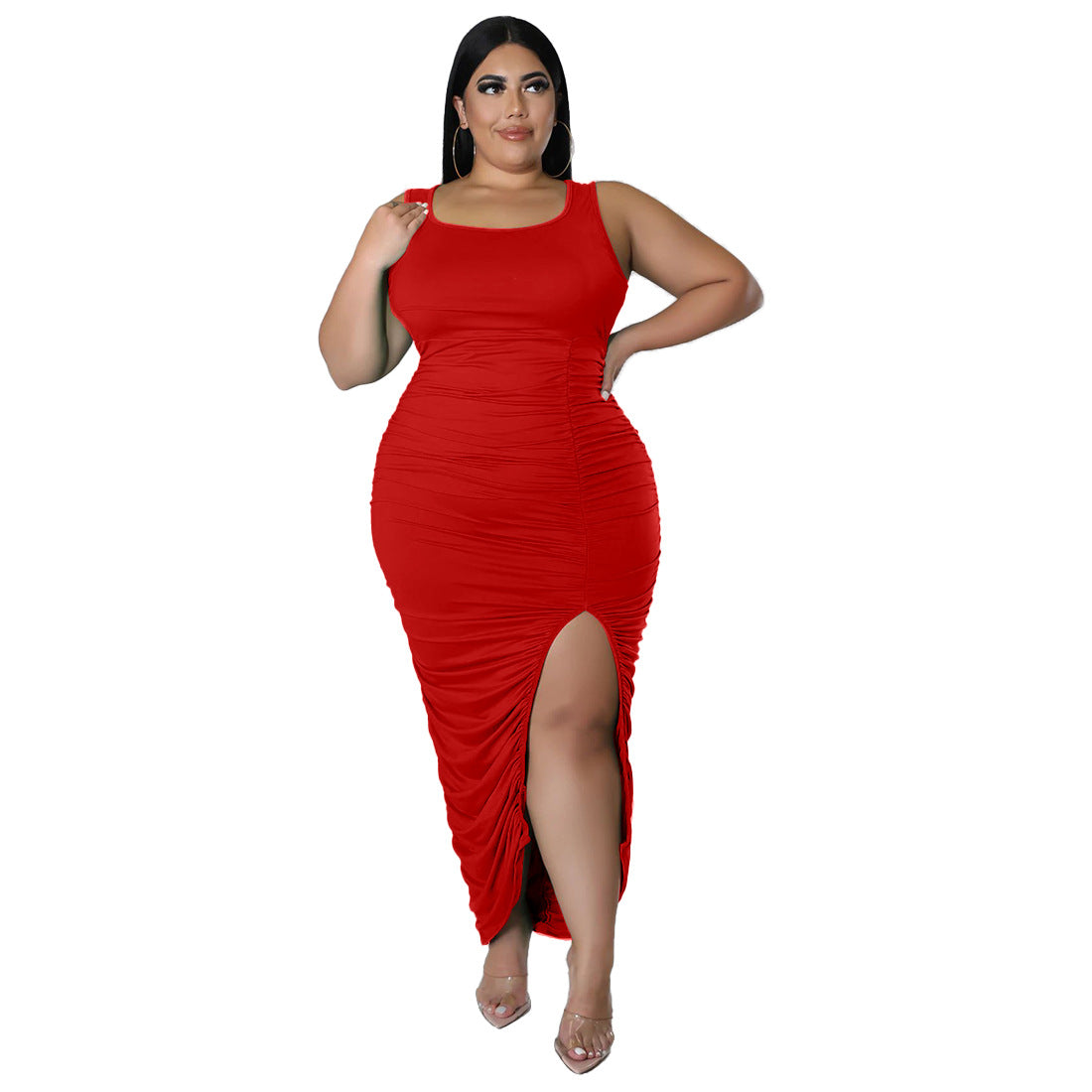 Red sleeveless ruched split dress from Summer Slim Fit Fold Split Dress, a chic fashion choice