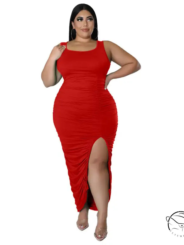 Red sleeveless ruched summer slim fit fold split dress