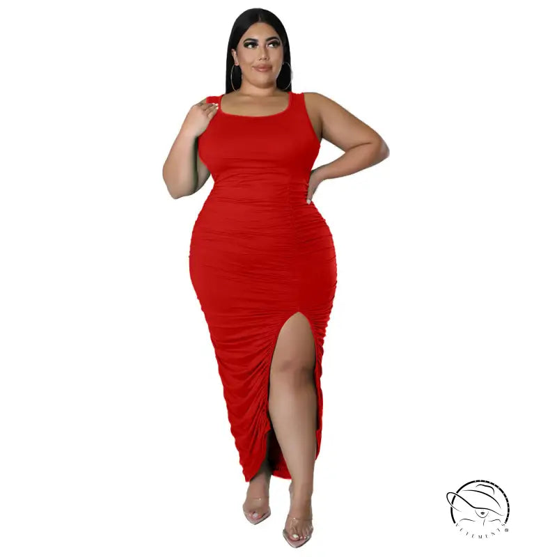 Red sleeveless ruched summer slim fit fold split dress