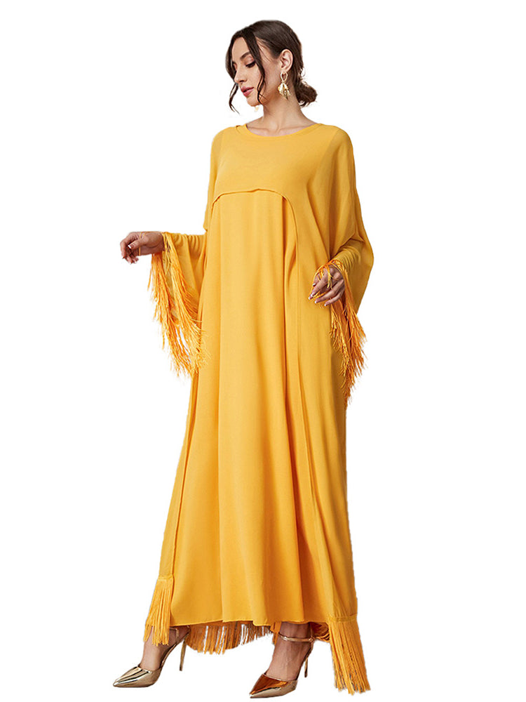 Yellow fringed langry fashion mesh dress with bell sleeves and high heels