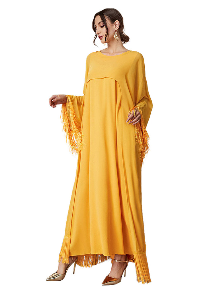 Yellow fringed langry fashion mesh dress with bell sleeves and high heels