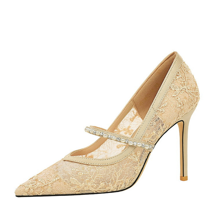 Langry fashion champagne lace stiletto heels with rhinestone strap