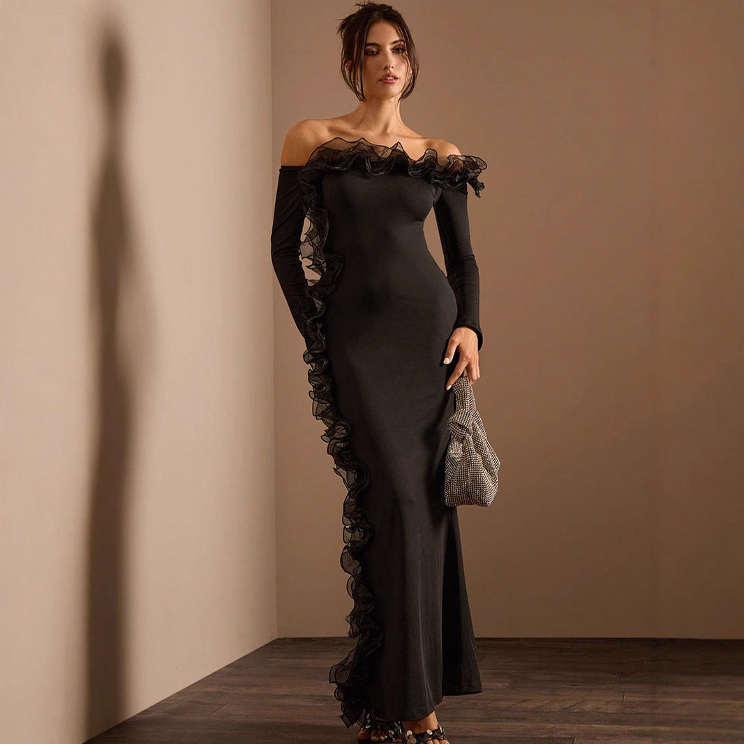 Elegant off-the-shoulder black maxi dress with ruffle detailing for fashion and luxury