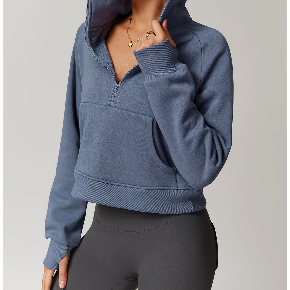 Blue-gray half-zip cropped sweatshirt with high collar in Langry fashion style